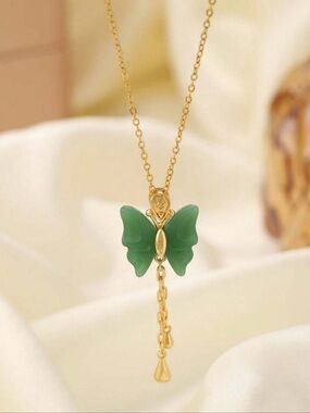 Natural Jade Butterfly Pendant Necklace 18K Gold Plated